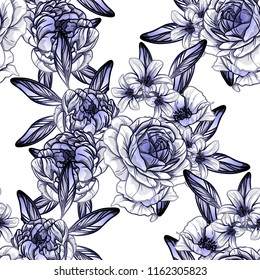 Abstract seamless pattern with plants, herbs and flowers, colorful botanical illustration.