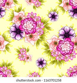 Abstract seamless pattern with plants, herbs and flowers, colorful botanical illustration.