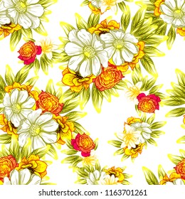 Abstract seamless pattern with plants, herbs and flowers, colorful botanical illustration.