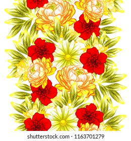 Abstract seamless pattern with plants, herbs and flowers, colorful botanical illustration.
