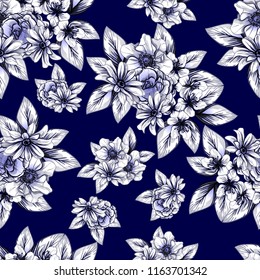 Abstract seamless pattern with plants, herbs and flowers, colorful botanical illustration.