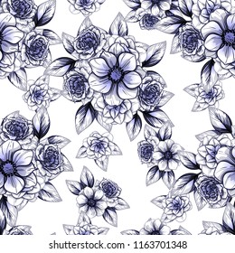 Abstract seamless pattern with plants, herbs and flowers, colorful botanical illustration.