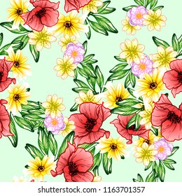 Abstract seamless pattern with plants, herbs and flowers, colorful botanical illustration.