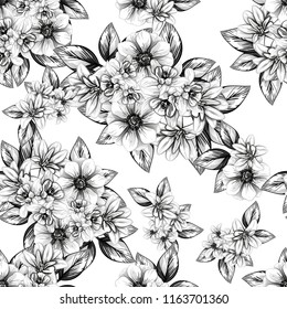 Abstract seamless pattern with plants, herbs and flowers, colorful botanical illustration.