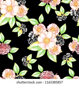 Abstract seamless pattern with plants, herbs and flowers, colorful botanical illustration.