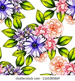 Abstract seamless pattern with plants, herbs and flowers, colorful botanical illustration.