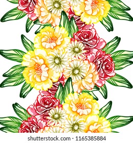 Abstract seamless pattern with plants, herbs and flowers, colorful botanical illustration.