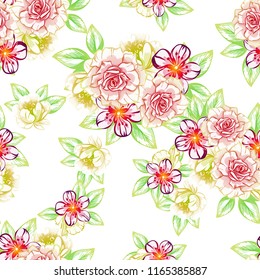 Abstract seamless pattern with plants, herbs and flowers, colorful botanical illustration.