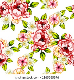 Abstract seamless pattern with plants, herbs and flowers, colorful botanical illustration.