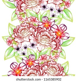 Abstract seamless pattern with plants, herbs and flowers, colorful botanical illustration.