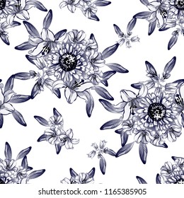Abstract seamless pattern with plants, herbs and flowers, colorful botanical illustration.