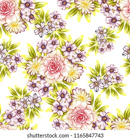 Abstract seamless pattern with plants, herbs and flowers, colorful botanical illustration.