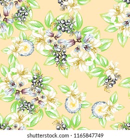 Abstract seamless pattern with plants, herbs and flowers, colorful botanical illustration.