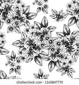 Abstract seamless pattern with plants, herbs and flowers, colorful botanical illustration.