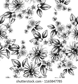 Abstract seamless pattern with plants, herbs and flowers, colorful botanical illustration.