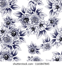 Abstract seamless pattern with plants, herbs and flowers, colorful botanical illustration.