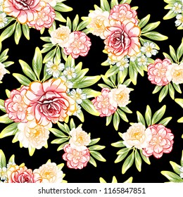 Abstract seamless pattern with plants, herbs and flowers, colorful botanical illustration.