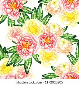 Abstract seamless pattern with plants, herbs and flowers, colorful botanical illustration.