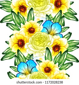 Abstract seamless pattern with plants, herbs and flowers, colorful botanical illustration.