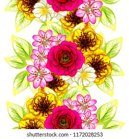 Abstract seamless pattern with plants, herbs and flowers, colorful botanical illustration.