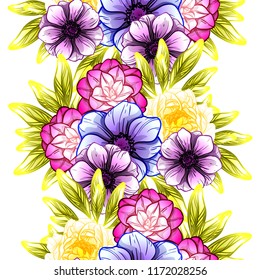 Abstract seamless pattern with plants, herbs and flowers, colorful botanical illustration.