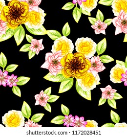 Abstract seamless pattern with plants, herbs and flowers, colorful botanical illustration.