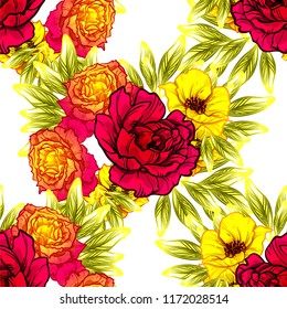 Abstract seamless pattern with plants, herbs and flowers, colorful botanical illustration.