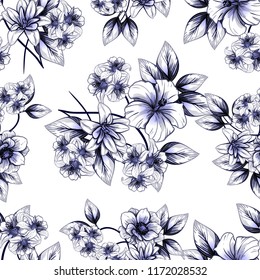 Abstract seamless pattern with plants, herbs and flowers, colorful botanical illustration.