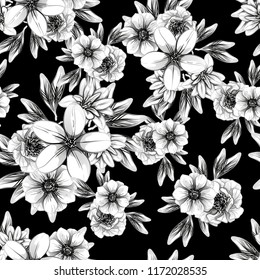 Abstract seamless pattern with plants, herbs and flowers, colorful botanical illustration.