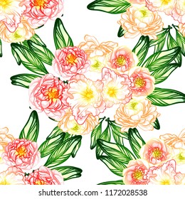 Abstract seamless pattern with plants, herbs and flowers, colorful botanical illustration.