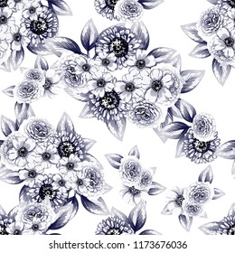 Abstract seamless pattern with plants, herbs and flowers, colorful botanical illustration.