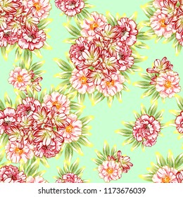 Abstract seamless pattern with plants, herbs and flowers, colorful botanical illustration.