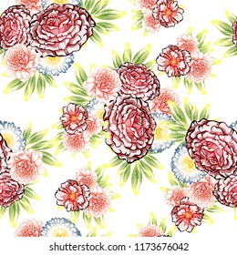Abstract seamless pattern with plants, herbs and flowers, colorful botanical illustration.
