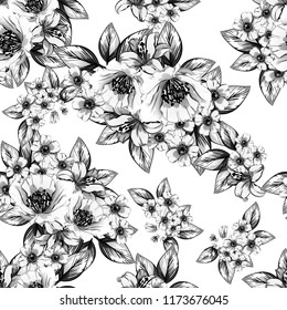 Abstract seamless pattern with plants, herbs and flowers, colorful botanical illustration.