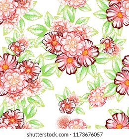 Abstract seamless pattern with plants, herbs and flowers, colorful botanical illustration.