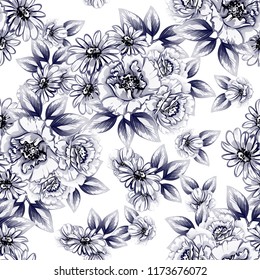 Abstract seamless pattern with plants, herbs and flowers, colorful botanical illustration.