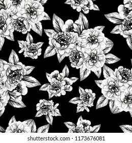 Abstract seamless pattern with plants, herbs and flowers, colorful botanical illustration.