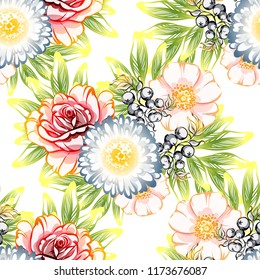 Abstract seamless pattern with plants, herbs and flowers, colorful botanical illustration.