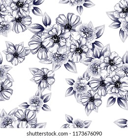 Abstract seamless pattern with plants, herbs and flowers, colorful botanical illustration.
