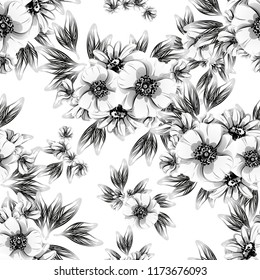 Abstract seamless pattern with plants, herbs and flowers, colorful botanical illustration.