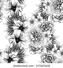 Abstract seamless pattern with plants, herbs and flowers, colorful botanical illustration.