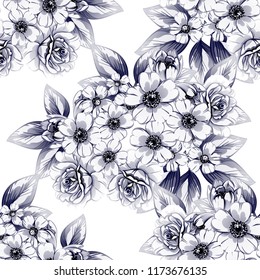 Abstract seamless pattern with plants, herbs and flowers, colorful botanical illustration.