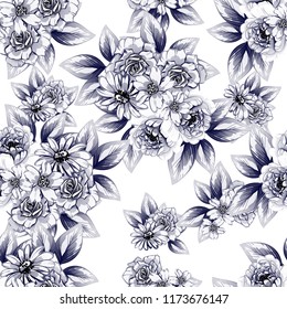 Abstract seamless pattern with plants, herbs and flowers, colorful botanical illustration.