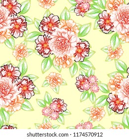 Abstract seamless pattern with plants, herbs and flowers, colorful botanical illustration.