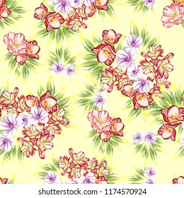 Abstract seamless pattern with plants, herbs and flowers, colorful botanical illustration.