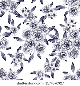Abstract seamless pattern with plants, herbs and flowers, colorful botanical illustration.