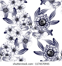 Abstract seamless pattern with plants, herbs and flowers, colorful botanical illustration.