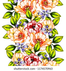 Abstract seamless pattern with plants, herbs and flowers, colorful botanical illustration.