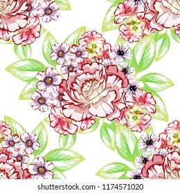 Abstract seamless pattern with plants, herbs and flowers, colorful botanical illustration.