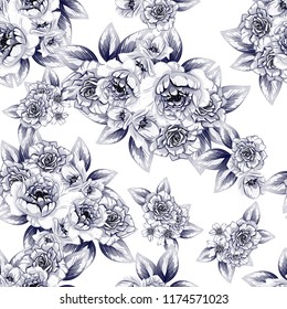 Abstract seamless pattern with plants, herbs and flowers, colorful botanical illustration.